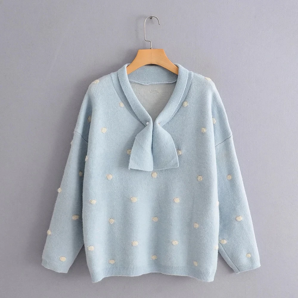 H.SA Women Winter Sweaters Long SLeeve Crew Neck Pink Pullover and Sweater Polka Dots Bow Sweaters Kawaii Knitwear Tops