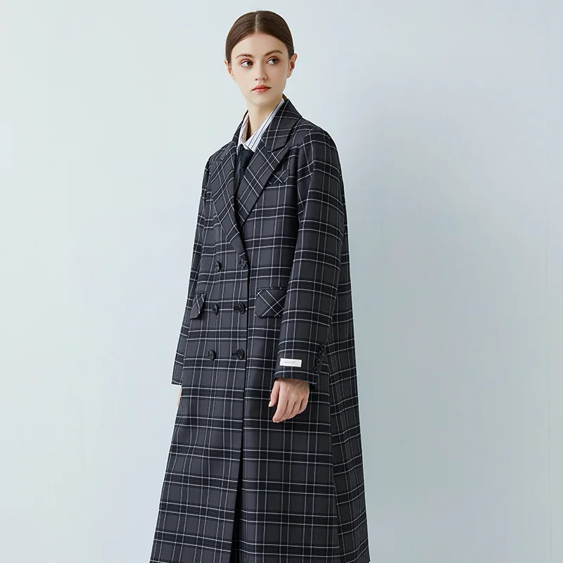 

Black Plaid windbreaker women 2021 popular spring and autumn Korean temperament dark Department coat women's suit collar long