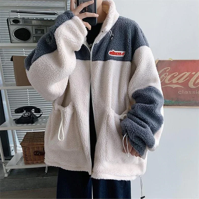 

Winter Coats Men Warm Polar Fleece Thicken Fashion Outerwear 2021 Loose Wild Stand Collar Lamb Wool Coats Plus Size Men