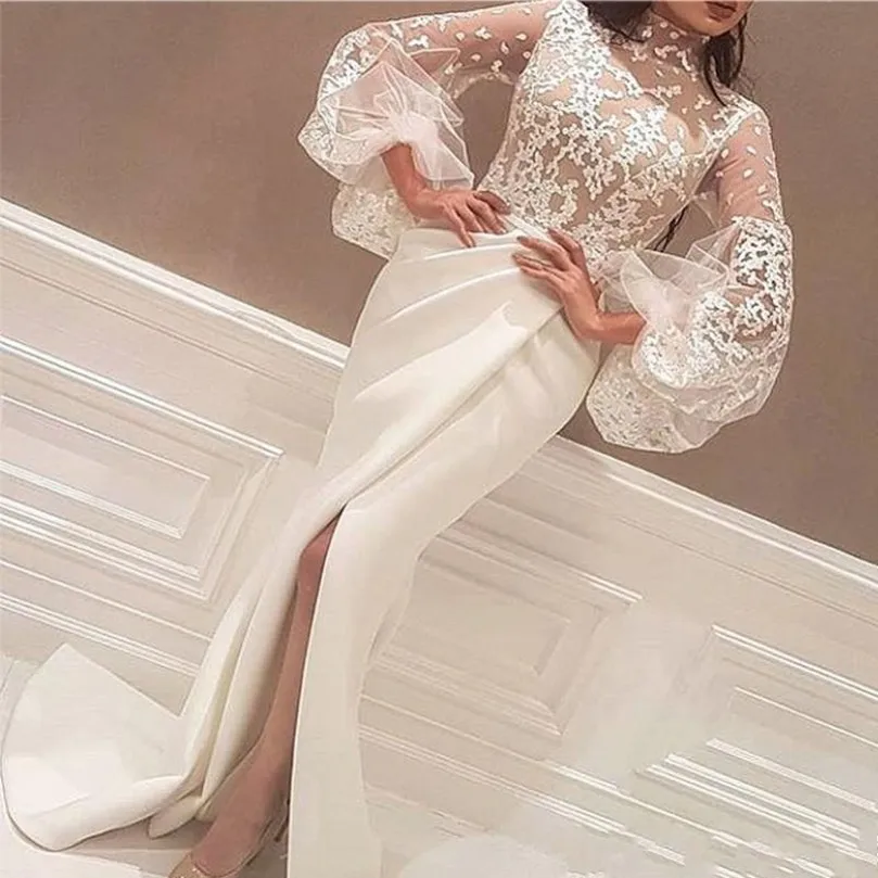 

High Neck Arabic Evening Dresses With Lace Appliques Big Full Sleeve Mermaid Side Slit Prom Gowns Satin вечернее платье
