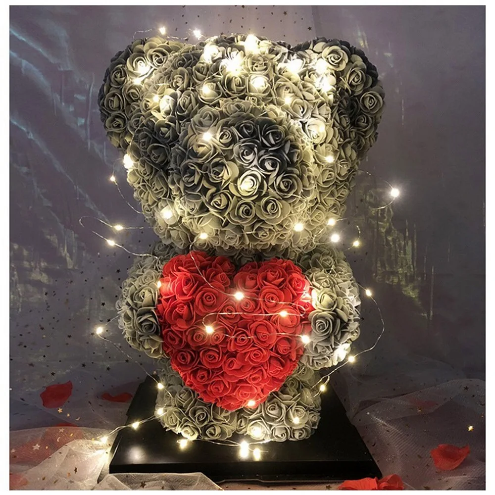 

40cm Bear of Roses Artificial Flowers Home Wedding Festival DIY Gift Box Wreath 2020 DIY Crafts Valentine's Day with Light