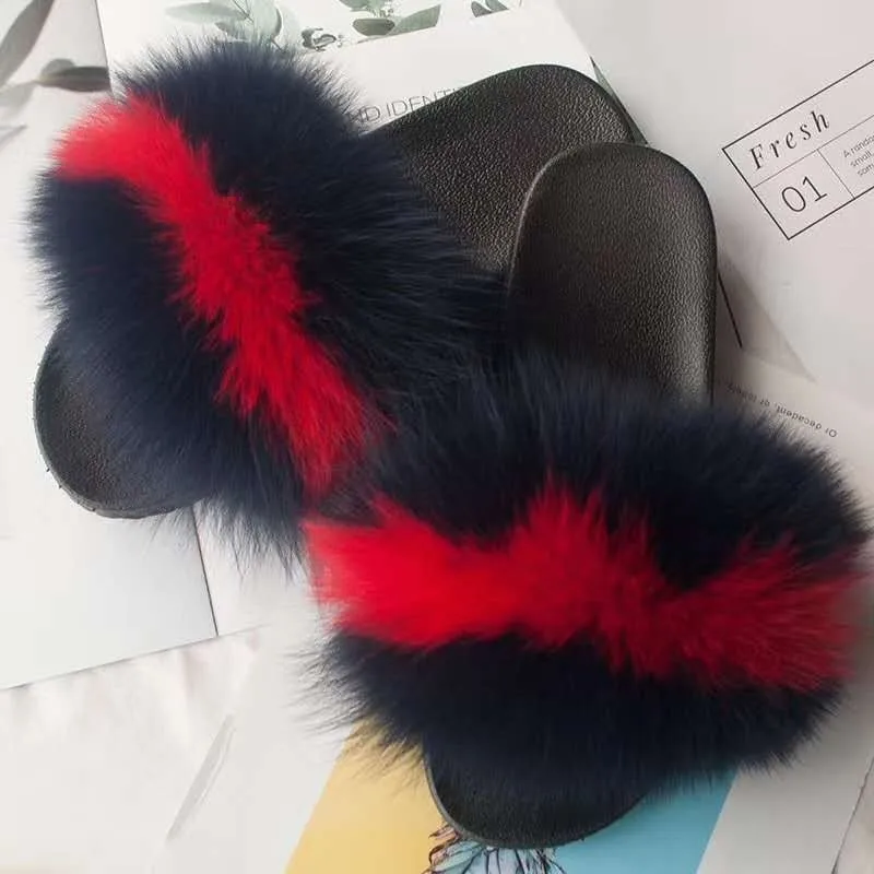 

Fox Fur Slippers Real Fur Slides Indoor Outdoor Fashion Ladies Shoes Cute Plush Slippers Women Brand Solid Color Flip Flops Hot