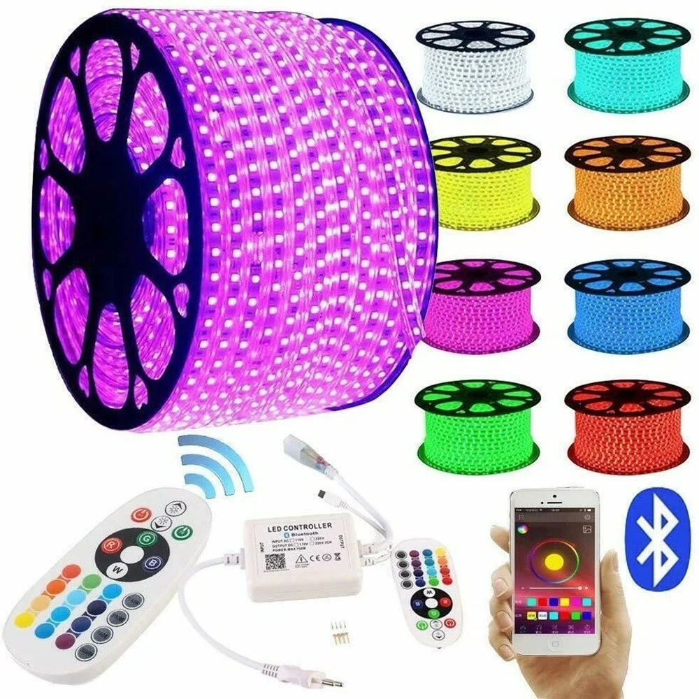 

30M 98.4FT LED Striped Lights 5050 SMD Tape Diode Waterproof Outdoor RF Remote Control Adapter Bluetooth RGB LEDS AC 220 240V D4