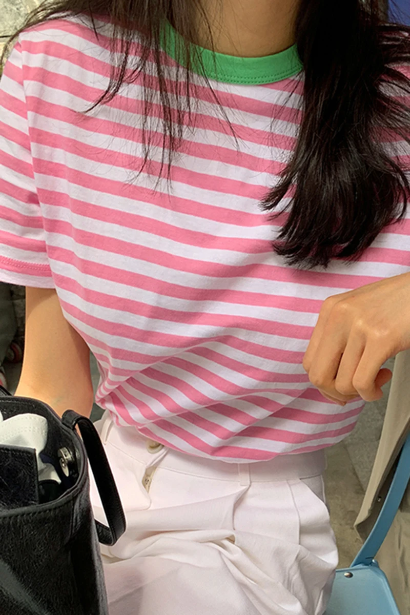 

Korejpaa Women T-Shirt 2021 Summer Korean Chic Playful Age-Reducing Round Neck Hitting Color Stripe Loose Short-Sleeved Pullover