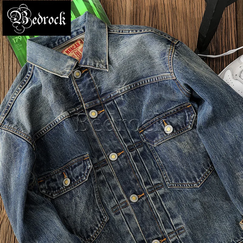 

MBBCAR vintage casual 14oz blue raw denim jacket for men heavy washed distressed stretch selevdge jacket tooling pocket 3058