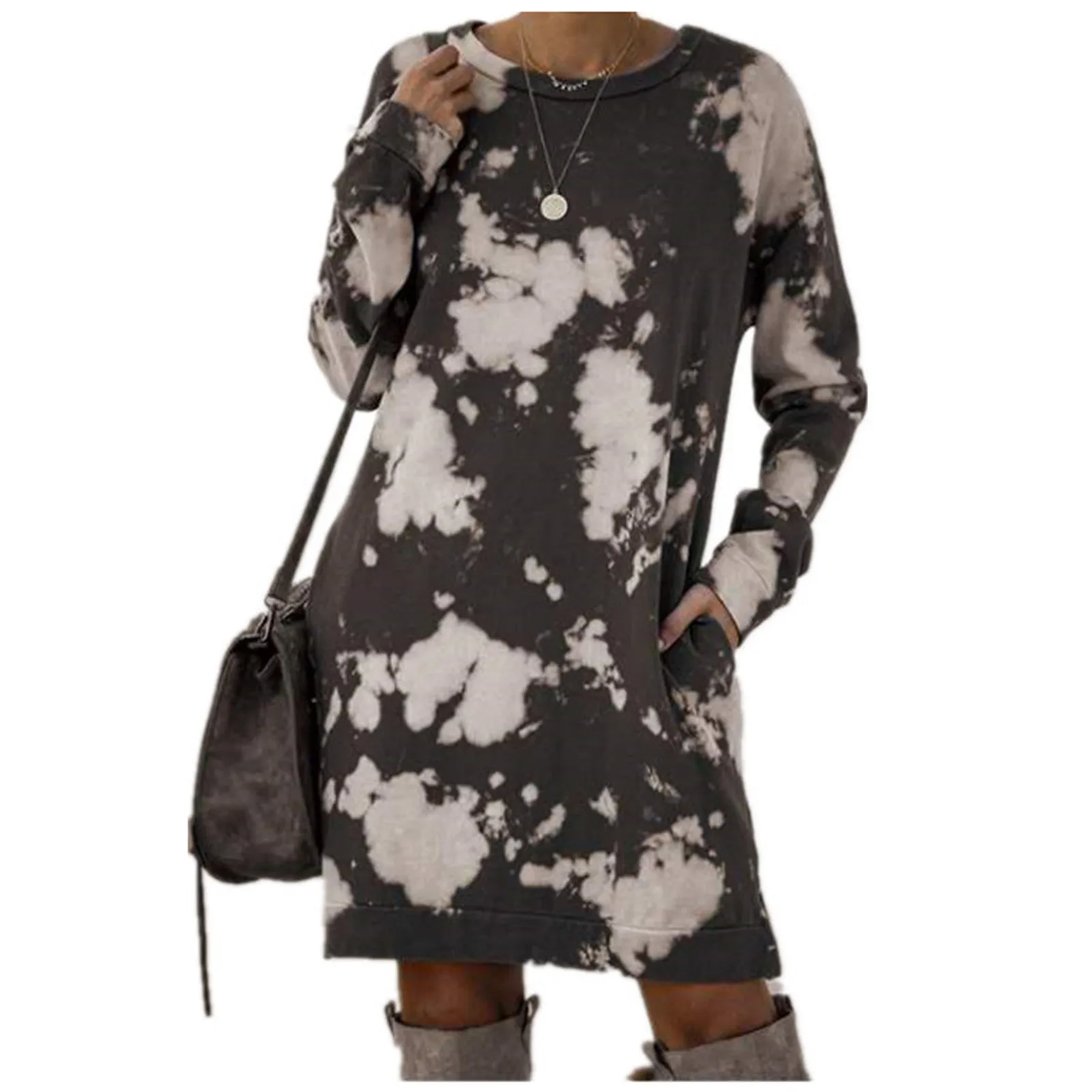 

Women 2021 Autumn Pullover Midi Dress Loose Long Sleeve Pockets Print Casual Dress O-Neck Out Wear Female robe femme