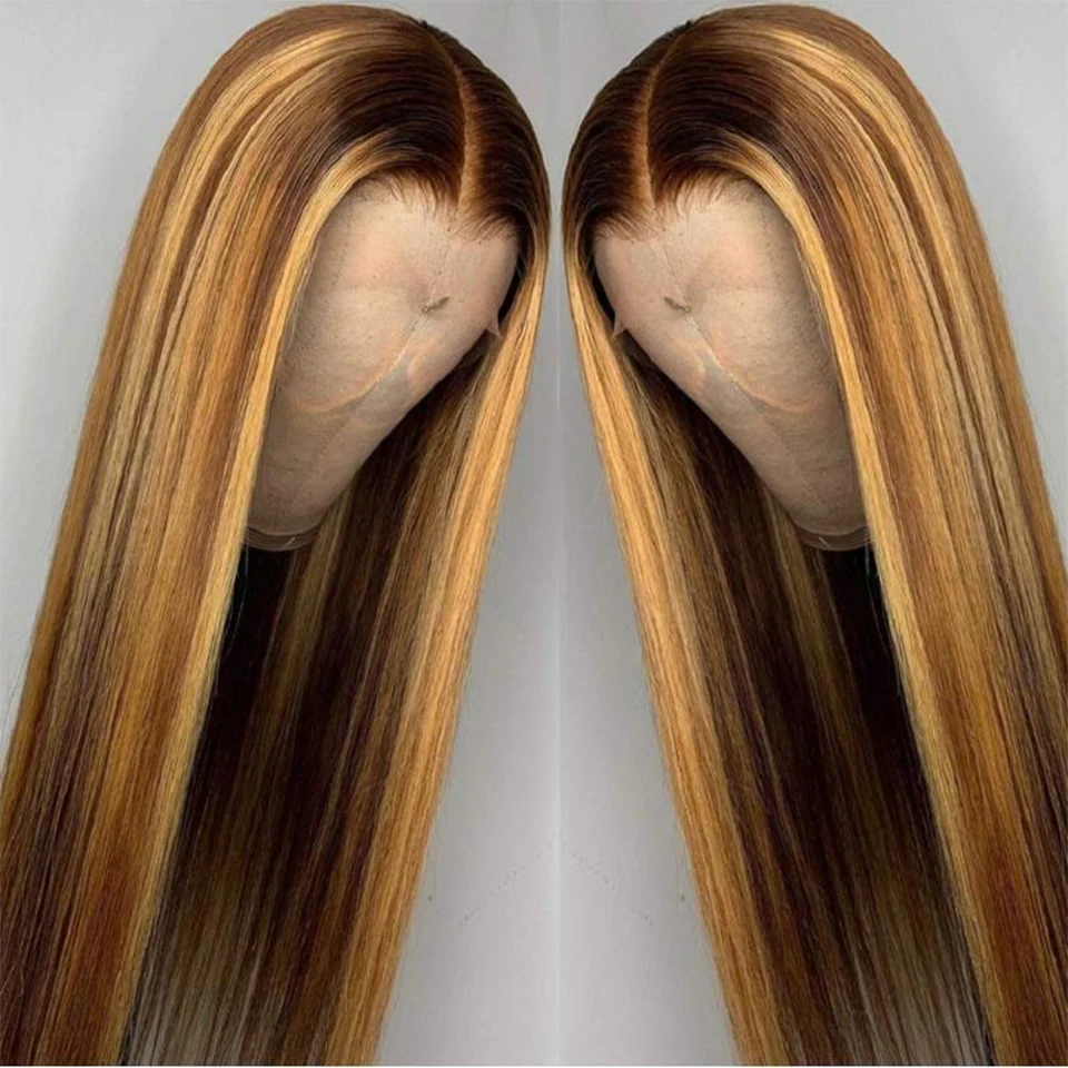 B4U Highlight Wig Human Hair Honey Blonde Transparent Lace Wigs Remy T Part Brazilian Bone Straight Front | Шиньоны и парики