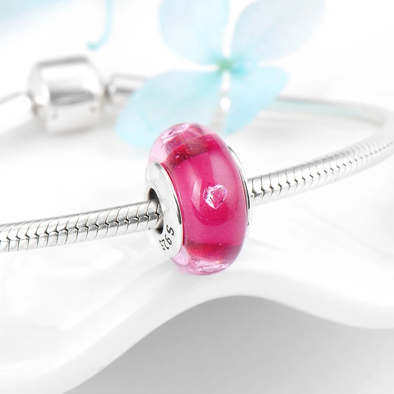 Бусины из муранского стекла с розовым сердцем серебра 925 пробы|Ювелирные шармы| |