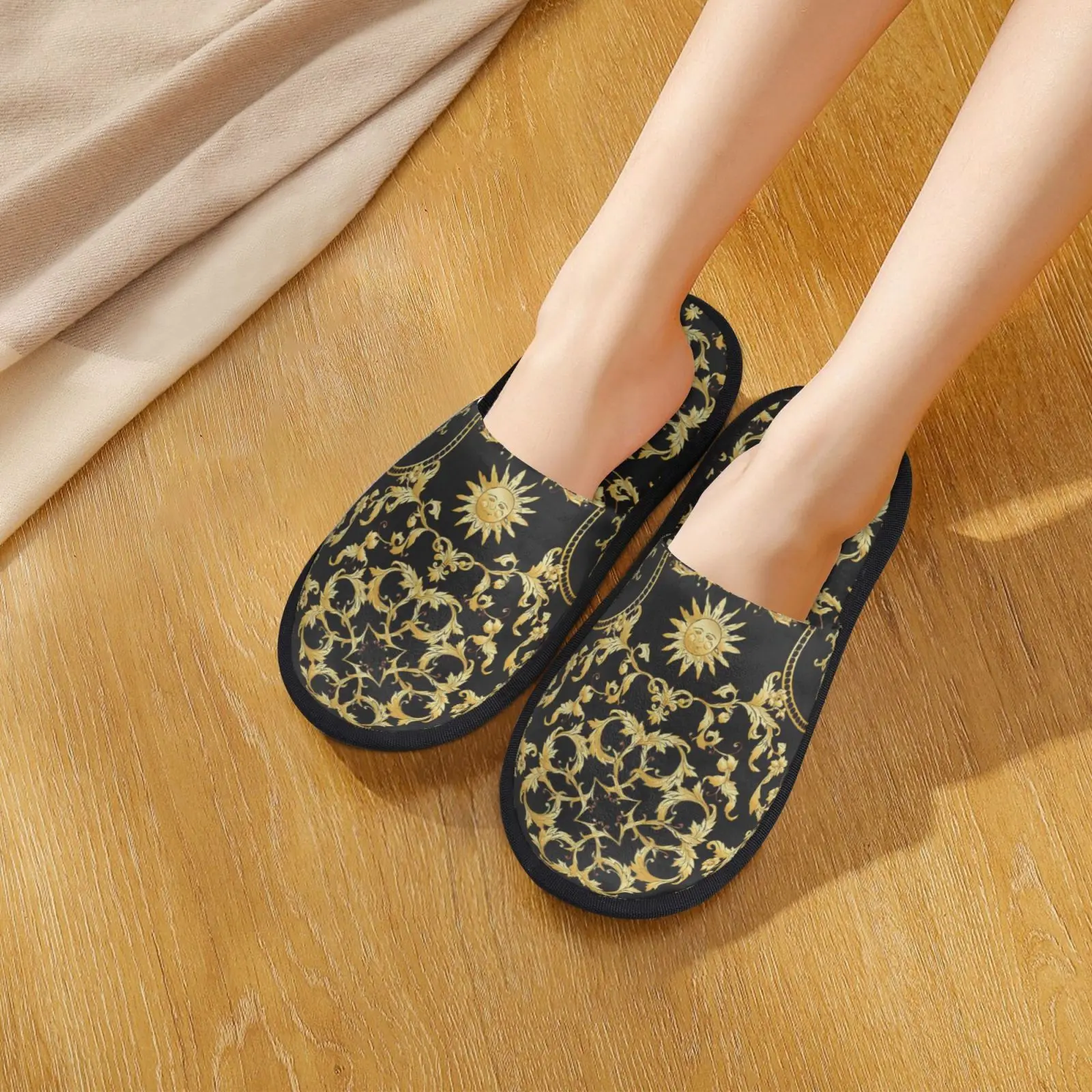 

KUILIU Furry Slippers for Women Men Golden Sun Baroque Pattern Unisex Winter Warm Plush Cotton Slides House Hotel Home Shoes