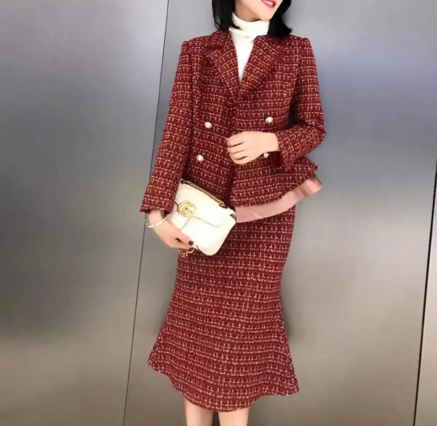 Женский комплект из 2 предметов клетчатый твидовый шерстяной пиджак с длинным