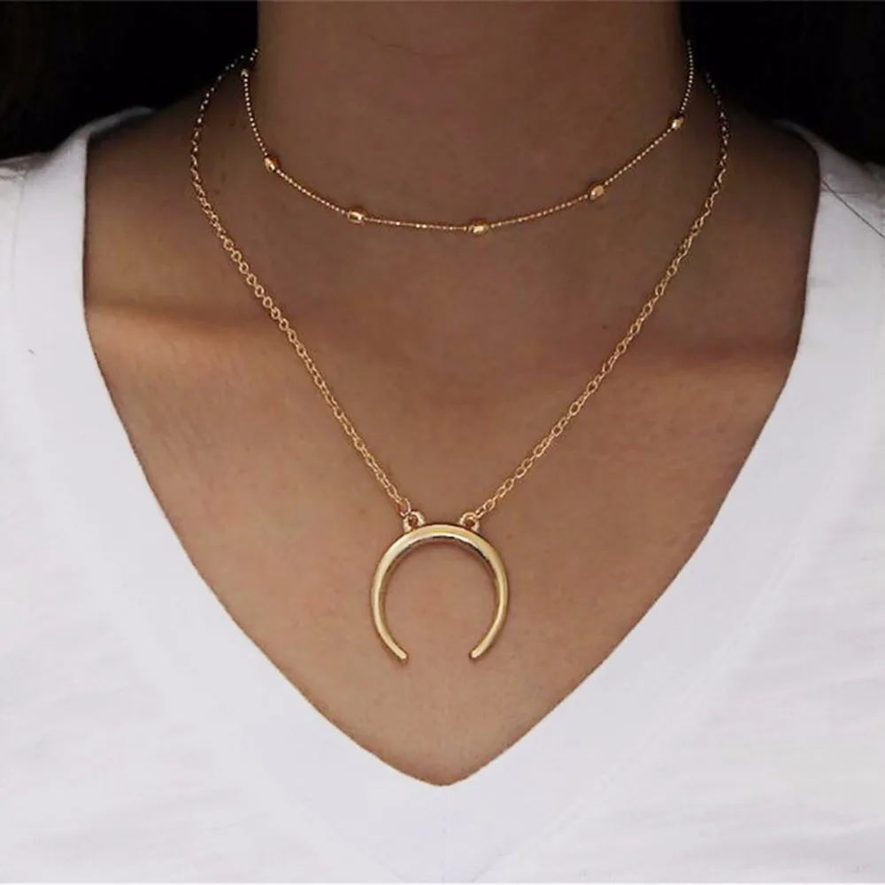 Модное Двухслойное ожерелье чокер в стиле бохо с подвеской виде полумесяца и