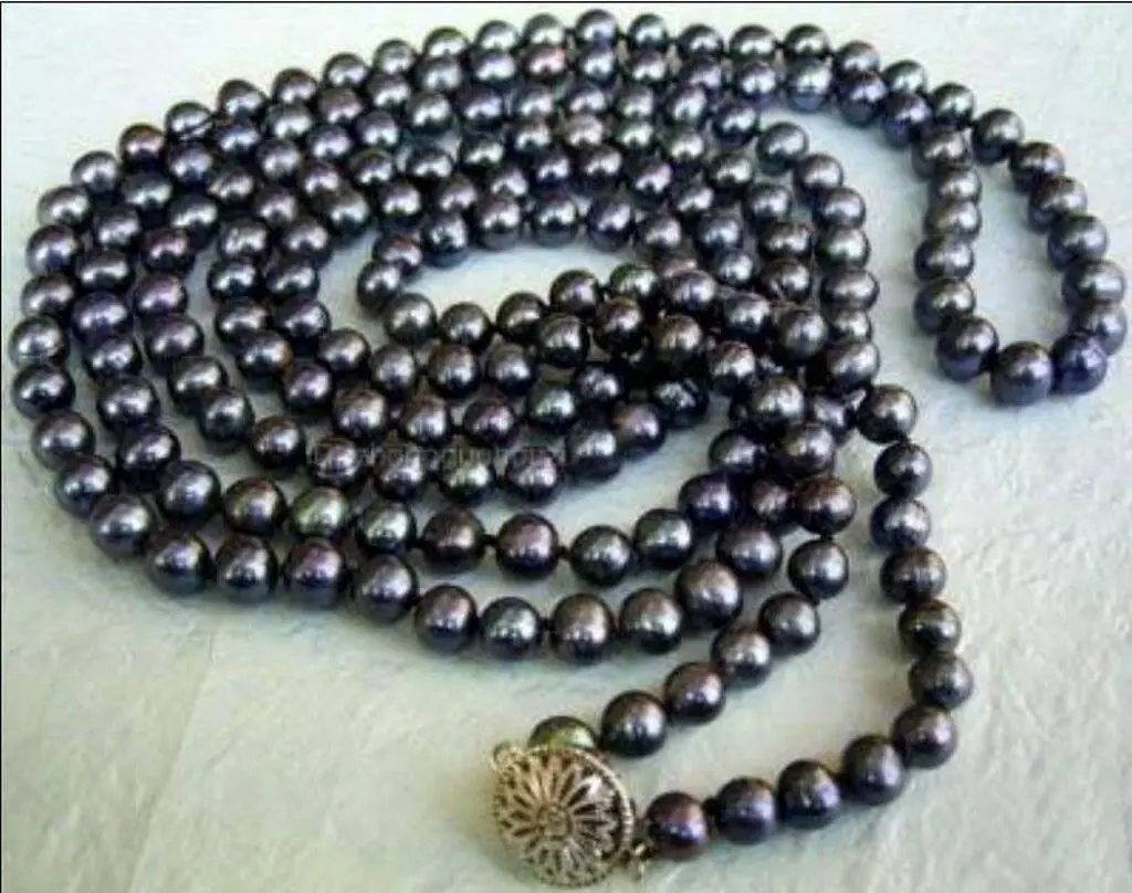 

Long 50 inches 7-8mm Natural Black Akoya Cultured Pearl Jewelry Necklace AA+