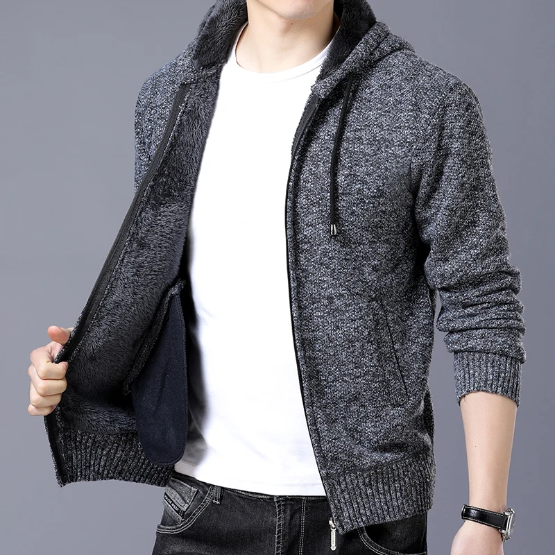 Мужской теплый шерстяной свитер MIACAWOR однотонный трикотажный на молнии с