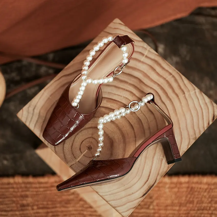 

QUTAA 2021 String Bead Buckle Women Pumps Summer Square Toe Sandals Genuine Leather Square High Heel Female Shoes Size 34-39