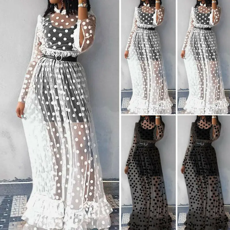 Женское элегантное Сетчатое Прозрачное платье в горошек с замочной скважиной на