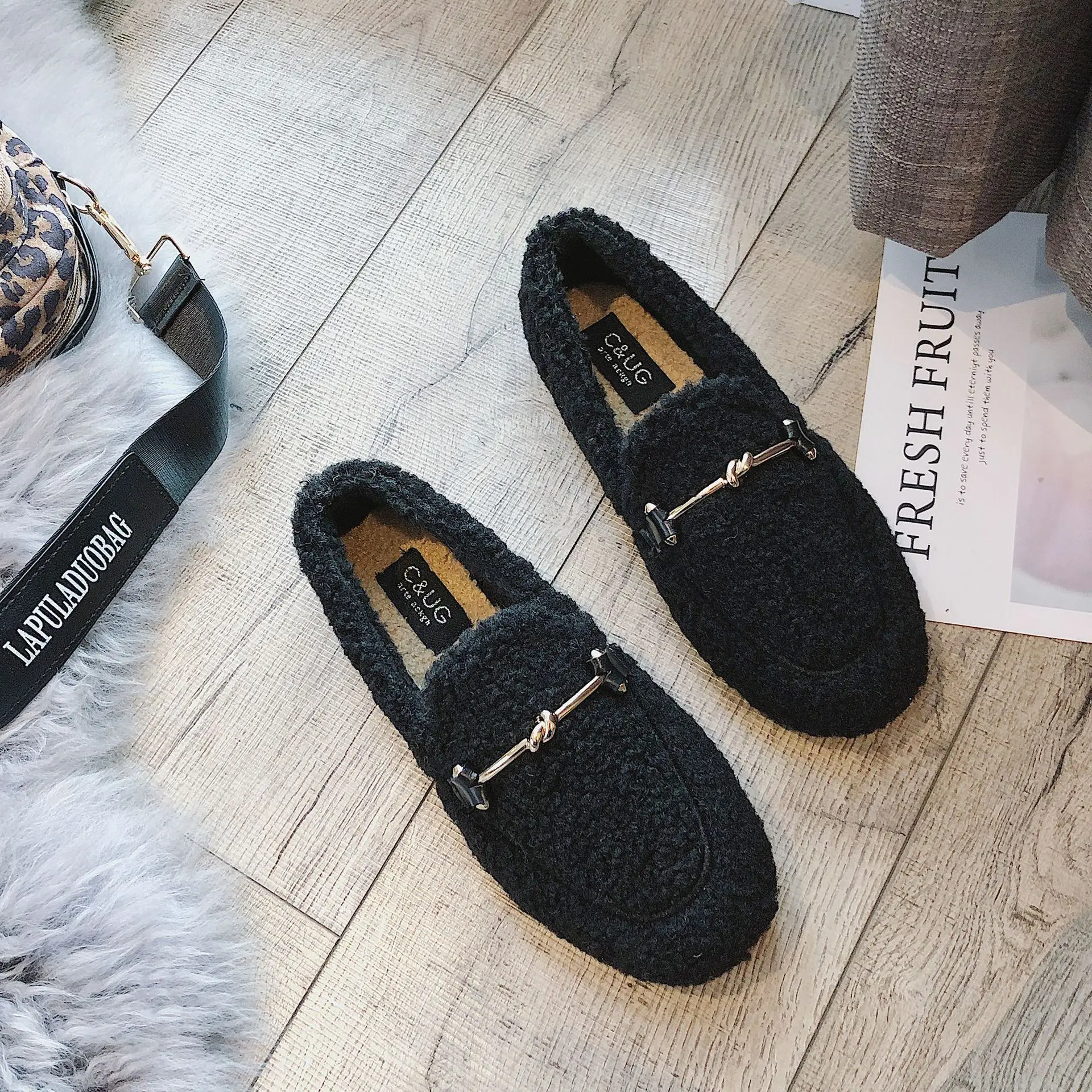 Женские меховые туфли на плоской подошве теплые зимние тапочки из