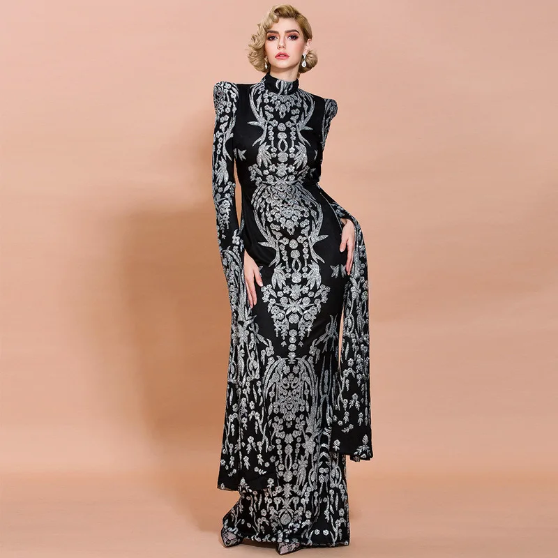 Женское платье с длинным рукавом и молнией на спине высоким воротником|Платья