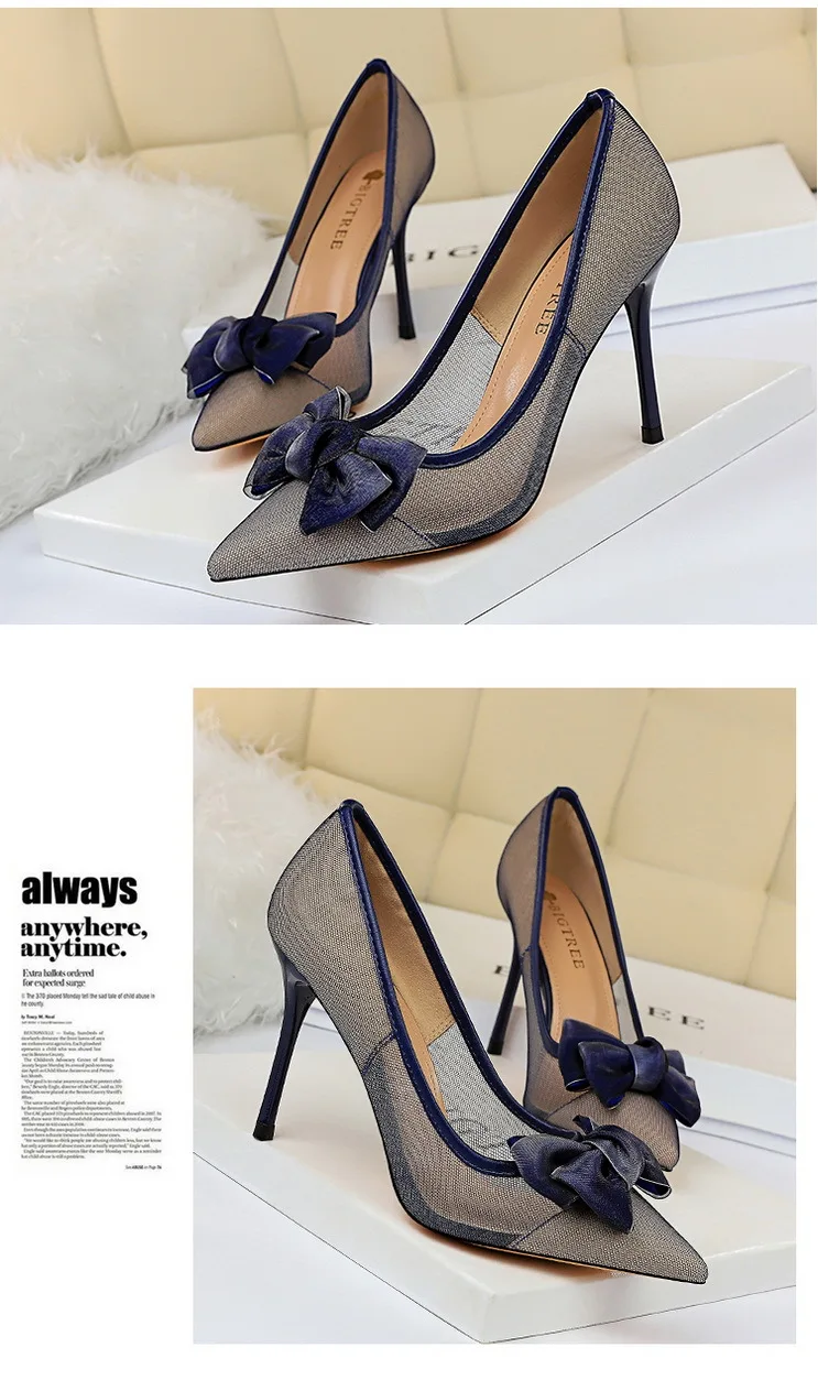 

European and American nightclubs are thin mesh hollow women's shoes stiletto high-heeled shallow mouth pointed bow single shoes