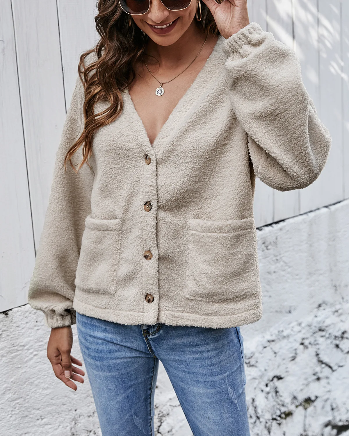 

Women's Button Down Fleece Cardigan, Casual Long Sleeve V Neck Solid Color Loose Coat