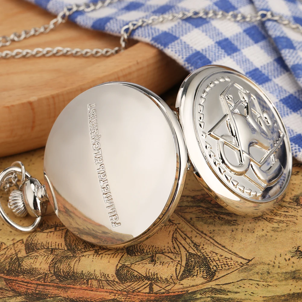 Silver Retro Pocket Watch Necklace Set Chic Flip Quartz Watch Exquisite Pendant Thick Chain Clock Best Gifts Set for Boyfriend