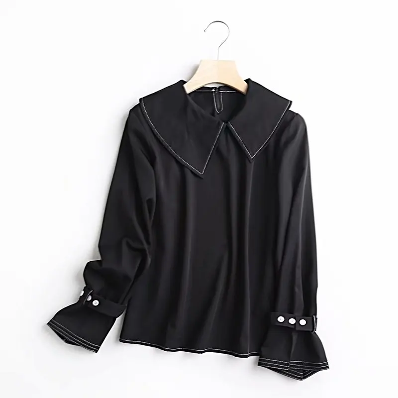 

Черная Женская блузка с длинным рукавом и воротником «Питер Пэн»