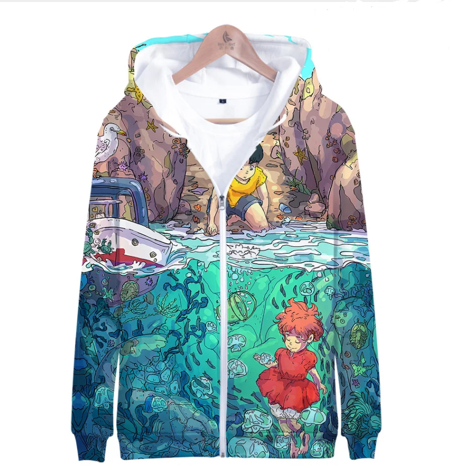 

So cute Ponyo On The Cliff 3D Hoodies Zipper fashion Sweatshirt Kawaii casual Style Ponyo On The Cliff Anime zipper Hoodies coat