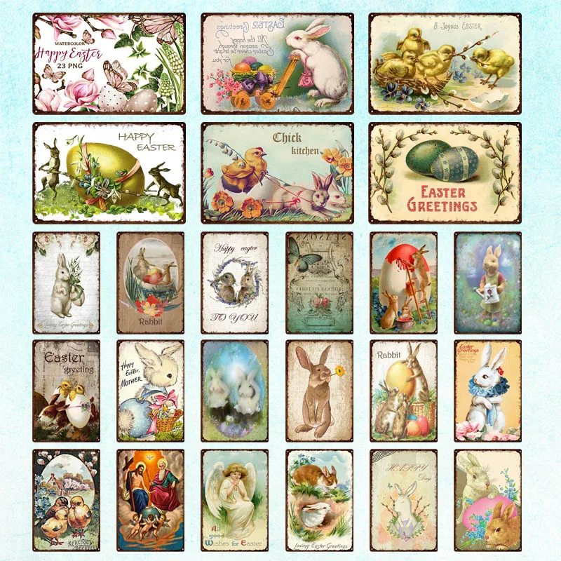 

Rabbits and Chicken Vintage Metal Tin Sign Easter Greetings Chick Kitchen Joyous Easter for Home Wall Decor