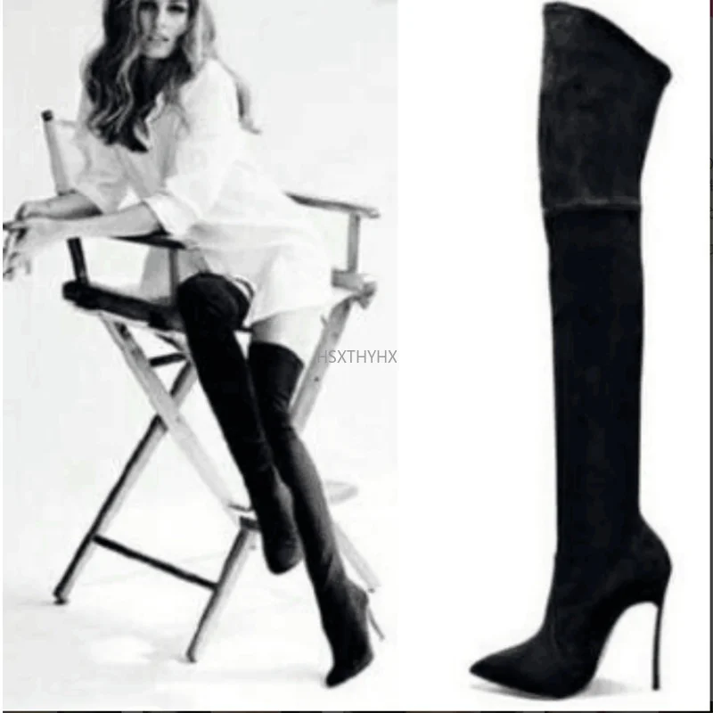 

Fashion Stretch Fabric Sock Boots Pointy Toe Over-the-Knee Heel Thigh High Pointed Toe Woman Boot Size 35-42 Women Boots