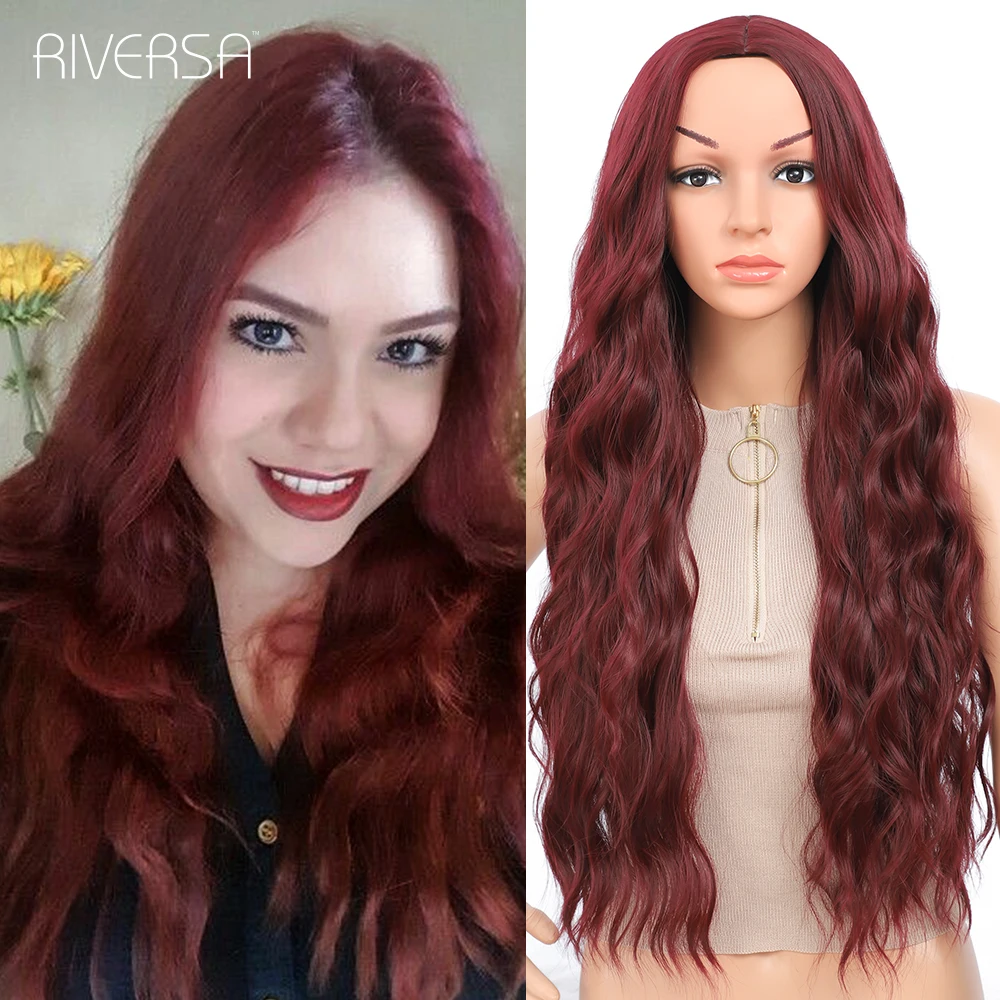 

26inch / 66cm Long Wavy Wig for Women Synthetic Wig Dark Wine Natural Curl Lolita High Temperature Fiber Wavy Wig Riversa Hair