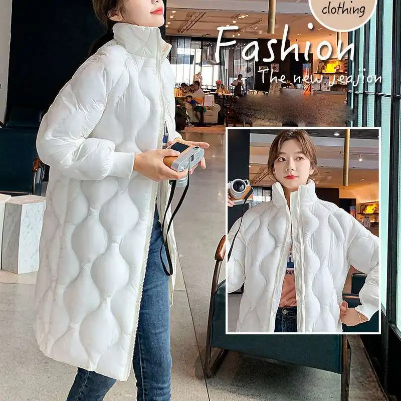 Korean bright face over knee jacket 2021 winter new long standing collar Women's