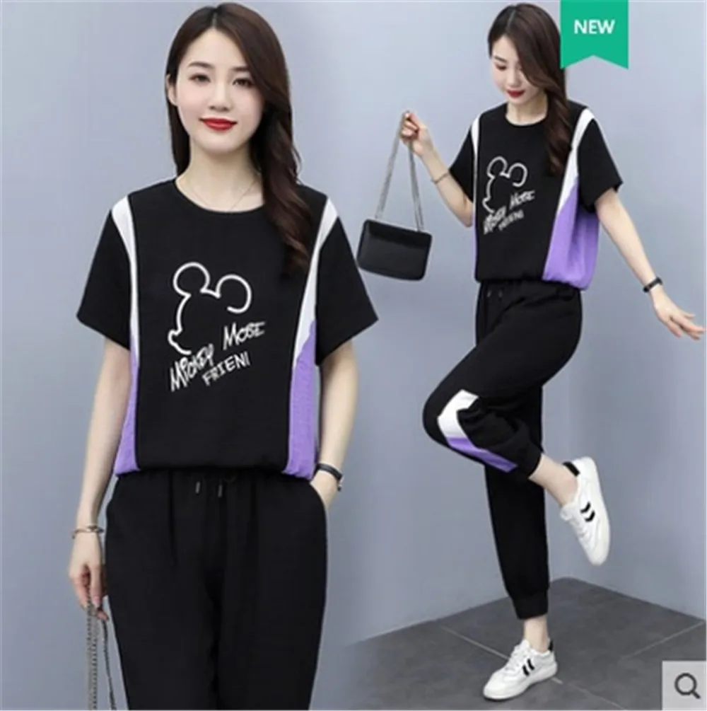 

Sports and leisure suit women's summer 2021 new style Korean version of the thin and large size temperament letter top pants two