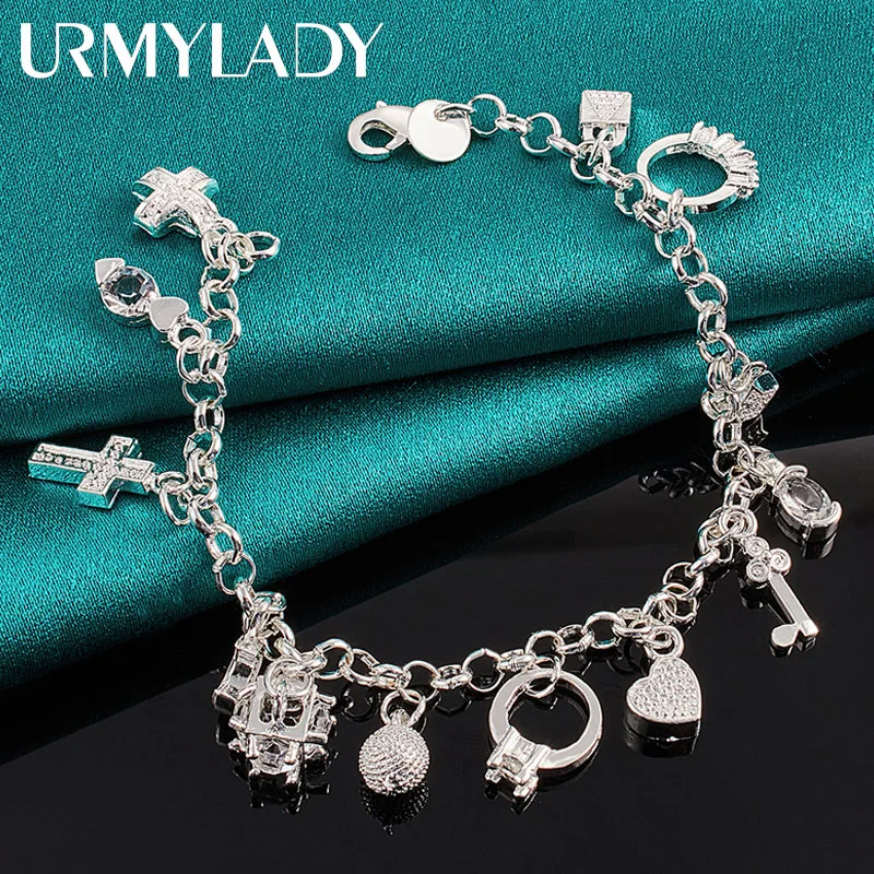 Браслет-цепочка URMYLADY из серебра 925 пробы с подвеской-замком Луной и сердцем |