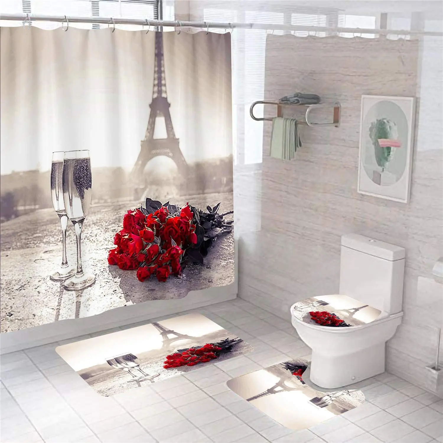 

Eiffel Tower In Paris Print Shower Curtain Set Carpet Cover Toilet Cover Bathroom Mat Cushion Cover Bathroom Curtain Household