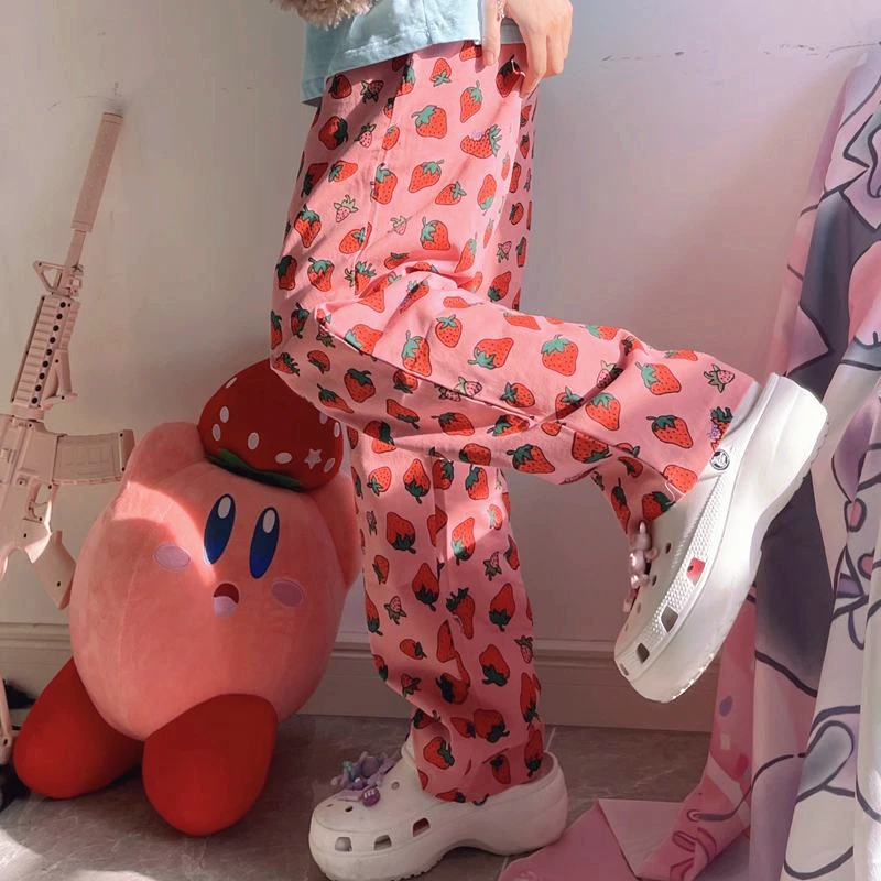 

Summer new style Japanese full print strawberry design printing loose straight leg student casual pants