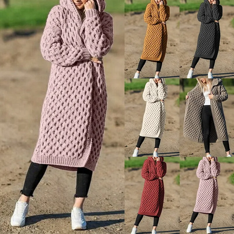 Oeak, новинка, Осень-зима, Женское пальто с капюшоном, вязаный свитер, кашемировый кардиган, свитер, пальто для девушек, длинный рукав, теплый свитер