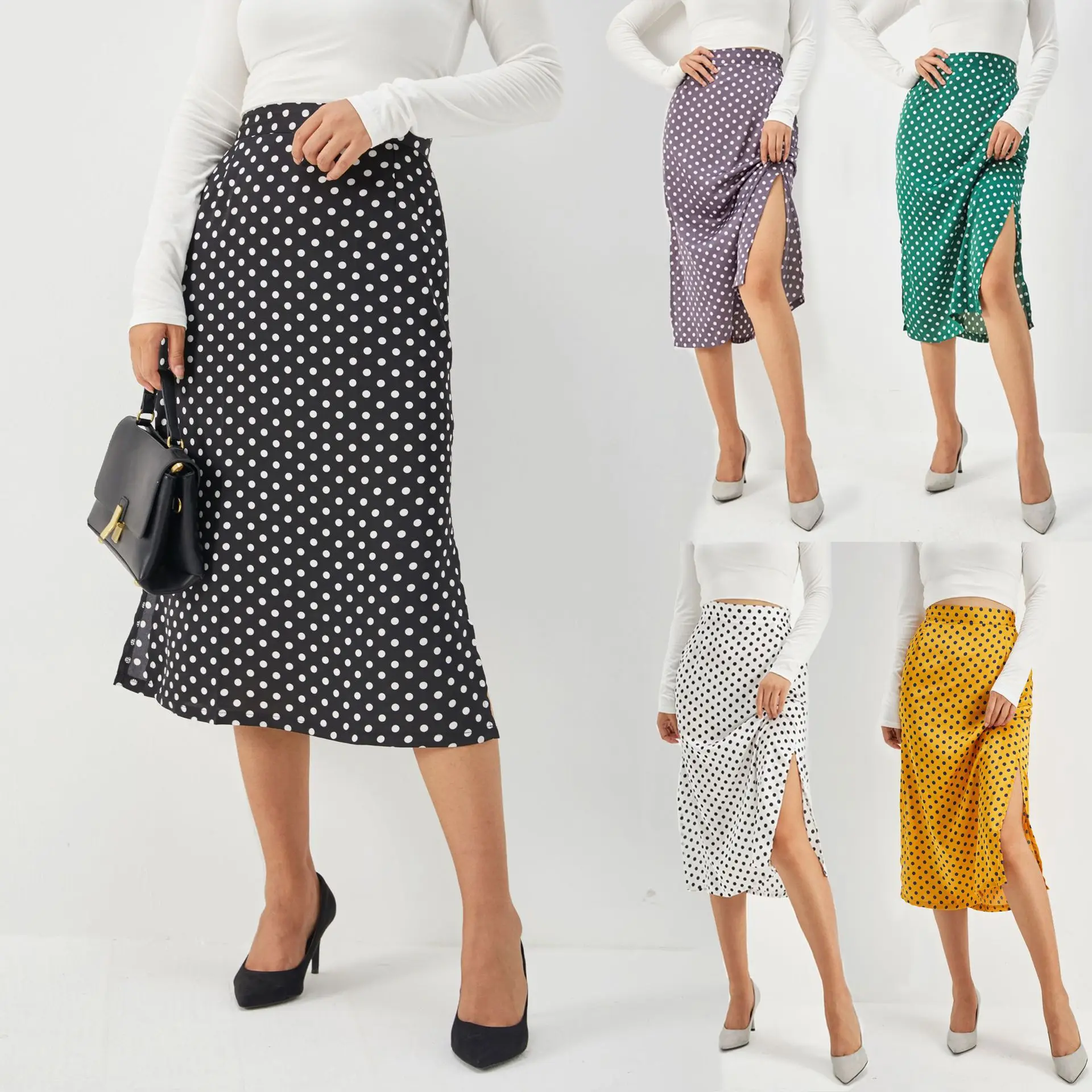 

High Waist Mid-length Zipper Polka Dot Skirt Women 2021 Summer New Fashion Women's Slim Fit Split Satin Bread Hip Skirt