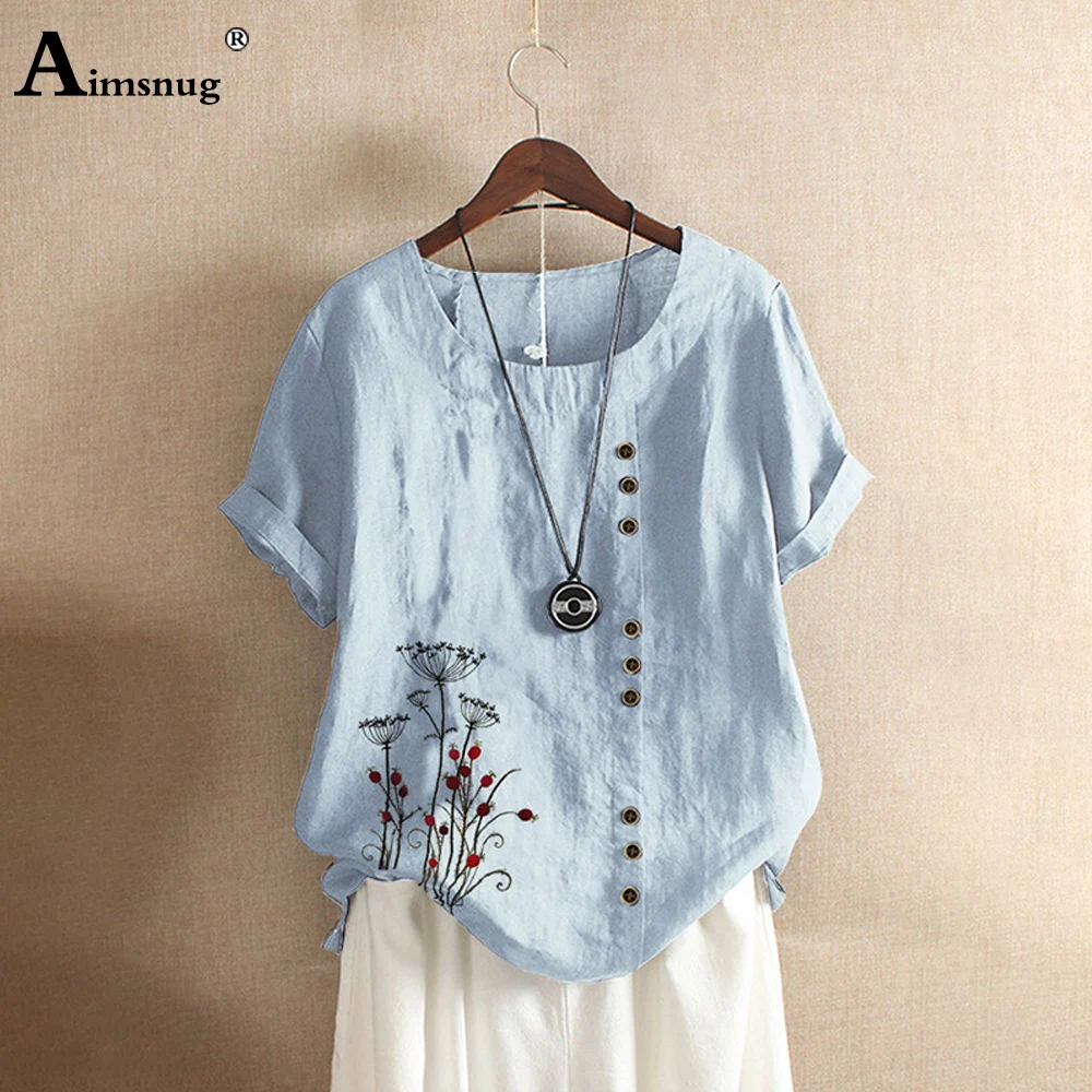 Женские летние топы 2020 льняная блузка с принтом и искусственными пуговицами