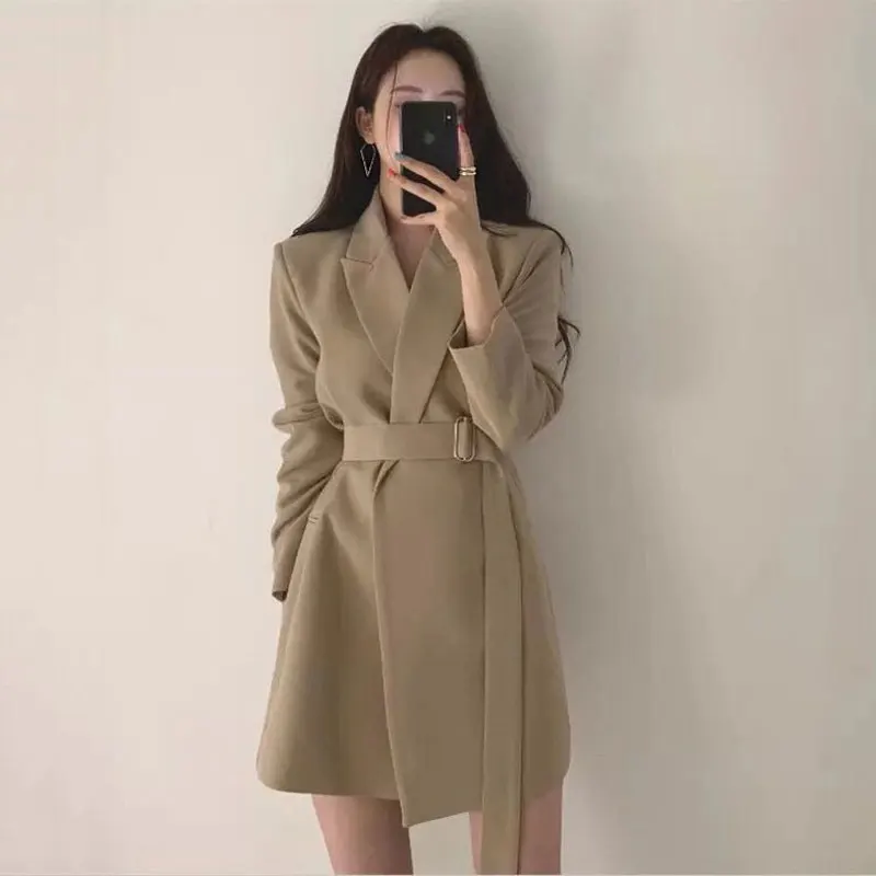 Модные весенне-осенние женские длинные блейзеры куртка с поясом женская верхняя