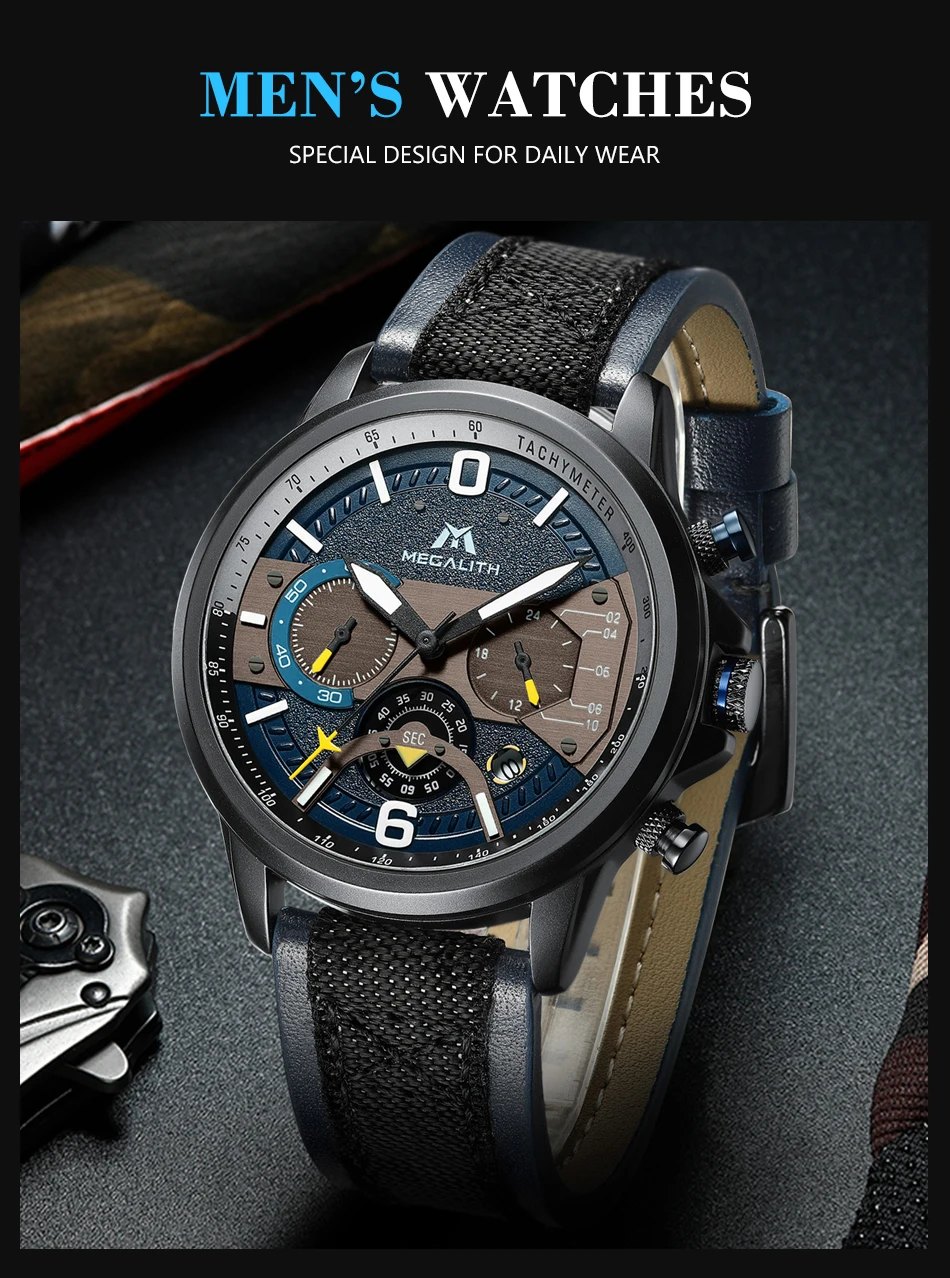 MEGALITH часы мужские спортивные водонепроницаемые часы Топ люксовый бренд аналоговые кожаные часы мужские армейские военные светящиеся кварцевые часы