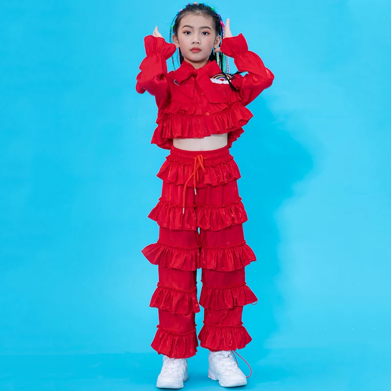 Танцевальные костюмы в стиле хип хоп для девочек детский красный топ брюки