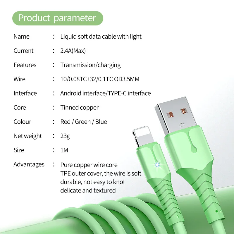 

ANMONE LED Liquid Soft Silicone Type C Cable 2.4A Micro USB Cable Android Phone Tablet USB C Fast Charge Mobile Phone Data Cord