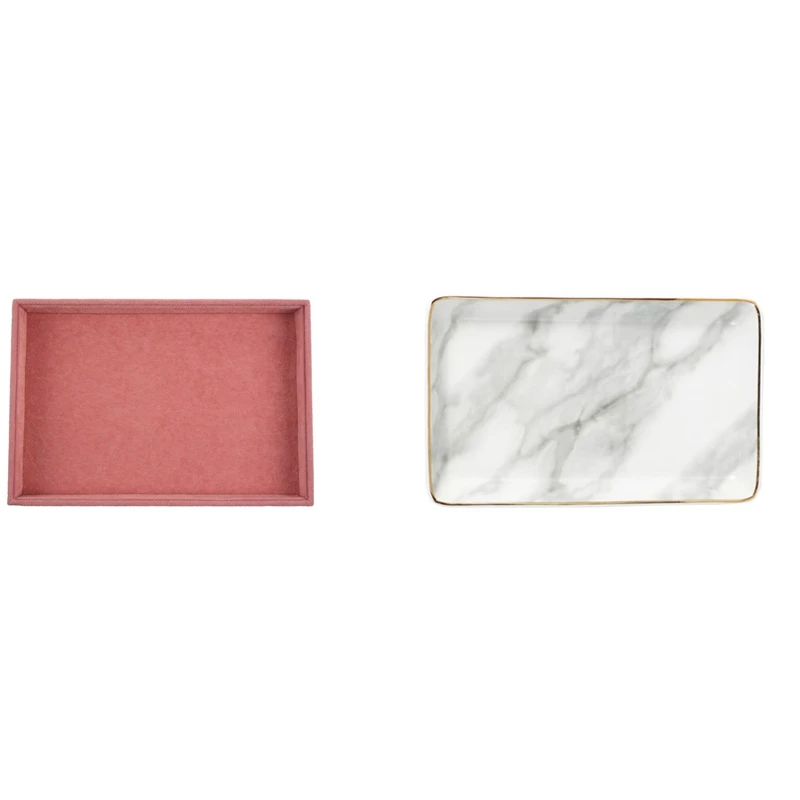 

Pink Velvet Jewelry Ring Display Organizer Case Tray & Ceramic Storage Tray Nordic Style Rectangular Marble Pattern