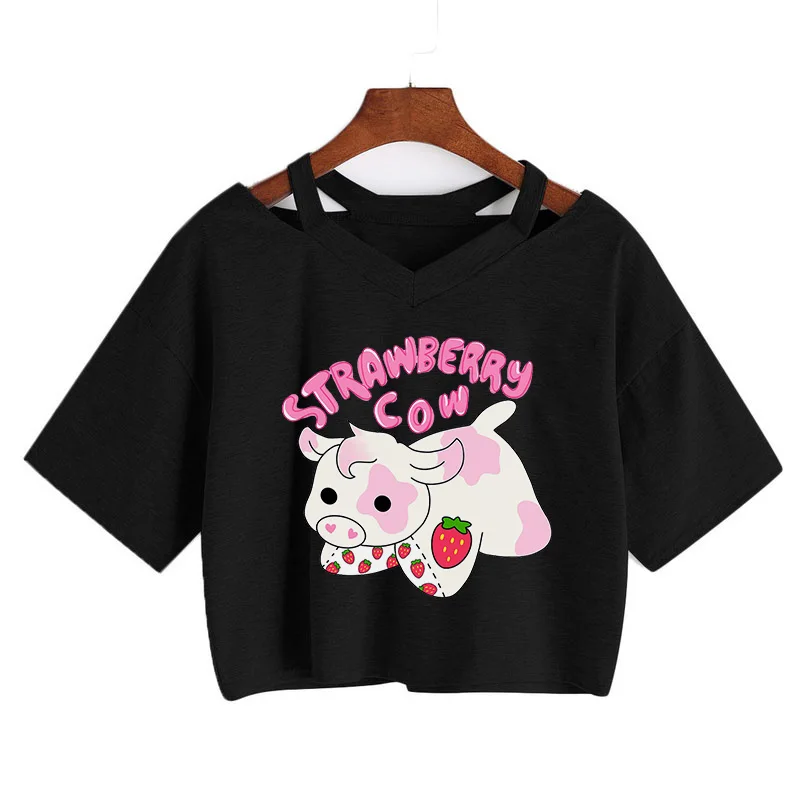 Футболка женская с коротким рукавом кроп-топ клубничным принтом милая