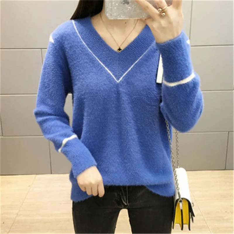 Women Candy Colors Sweaters Fashion Autumn Winter Warm Mohair V-Neck Pullover Long Sleeve Casual Sweater Knitted Tops | Женская одежда