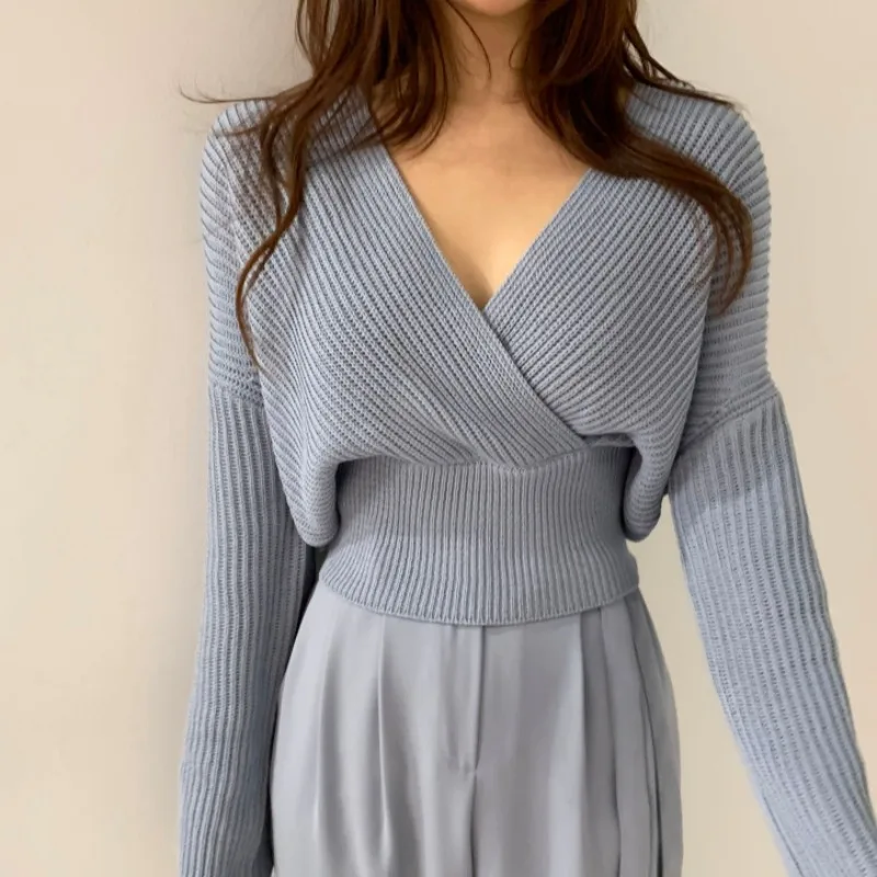 

Korean Chic Early Autumn New Style Lazy Wind Loose Cross V-Neck Design Sense Waist Knit Sweater Women