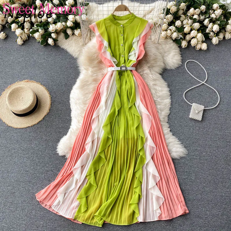 

Girl Dress Women Dresses High Waist Hip Sashes A Line Pleat Long Vestidos Summer 2021 New Slim Robe