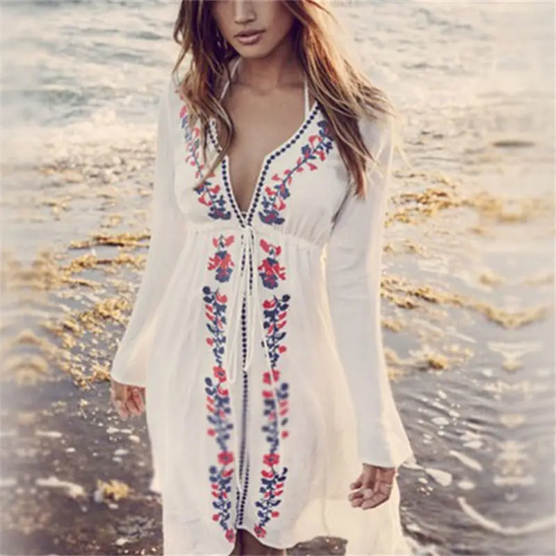 Женская пляжная туника с вышивкой белая хлопковая летнее пляжное платье