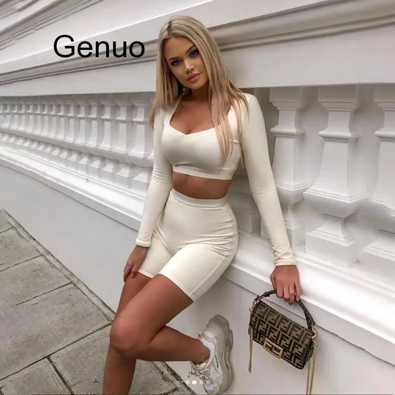 Two Pieces Casual Tracksuit Women Set Black Plus Size Long Sleeve Crop Top And Shorts Set Party Club Two Piece Outfits