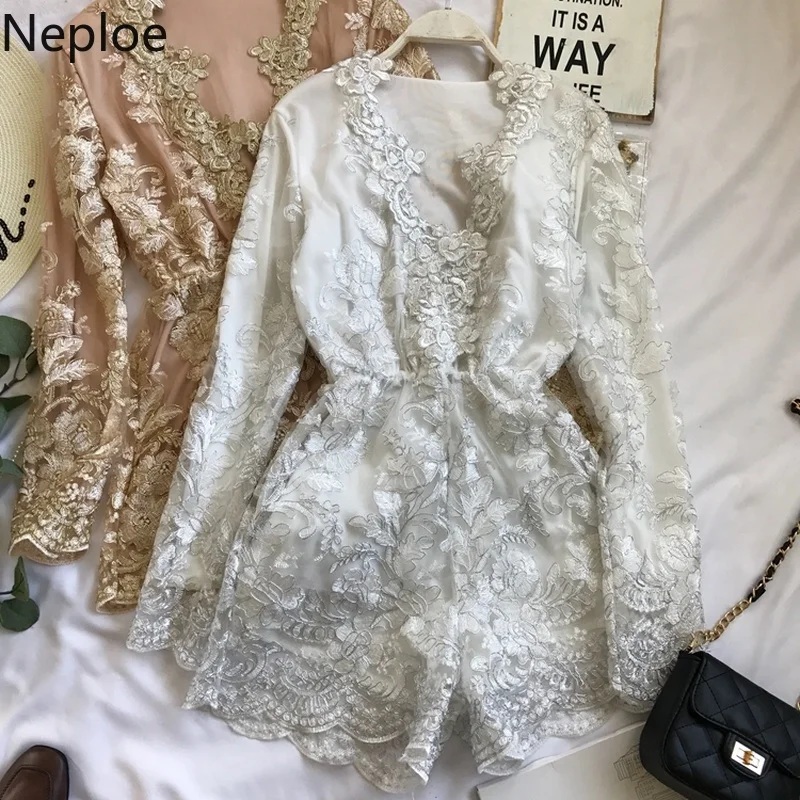 Женский кружевной комбинезон Neploe весенний с v образным вырезом и длинными