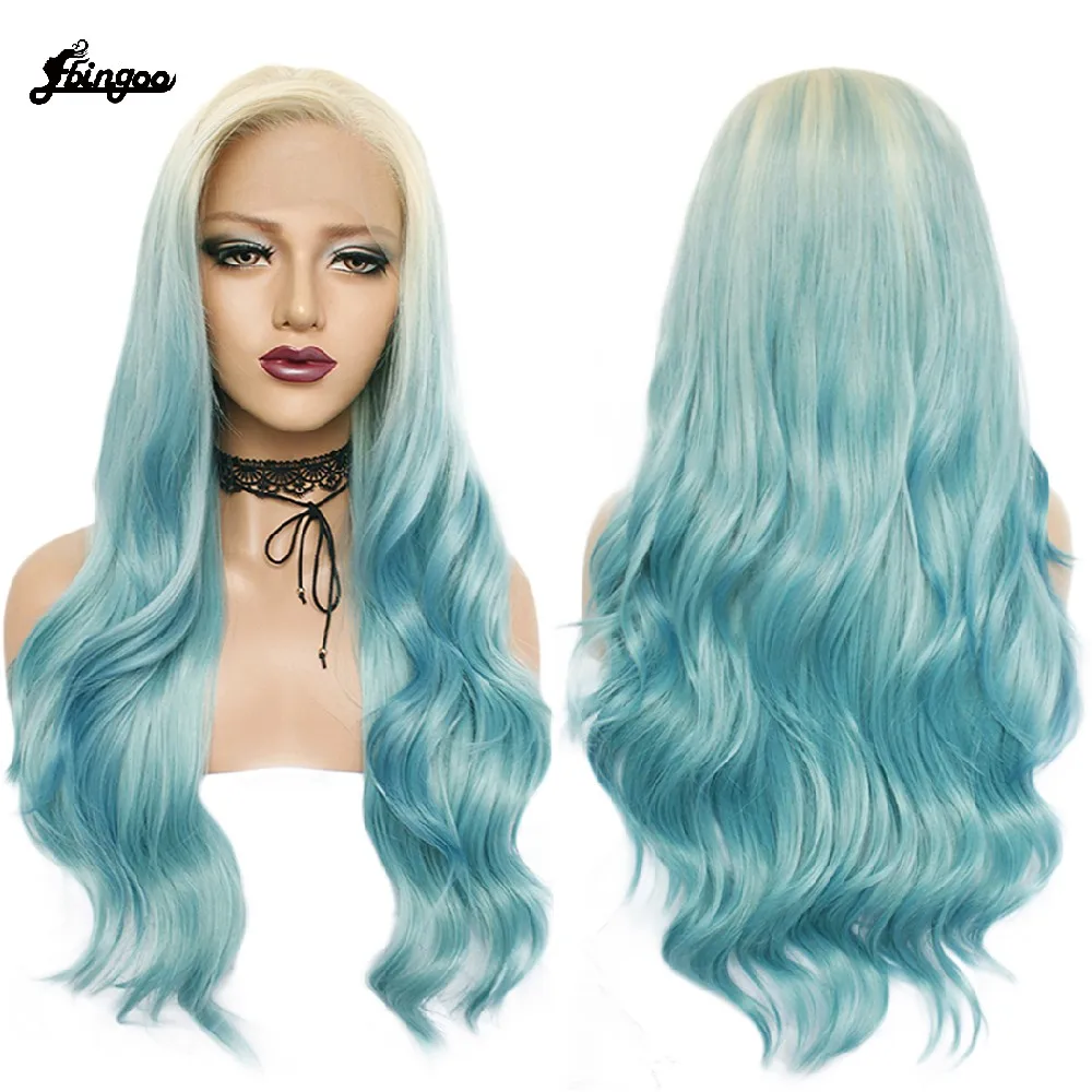 Ebingoo 13*4 Lace Free Part 613 Mix Blue Long Body Wave Heat Resistant Fiber Wig with Transparent Lace Synthetic Lace Front Wig